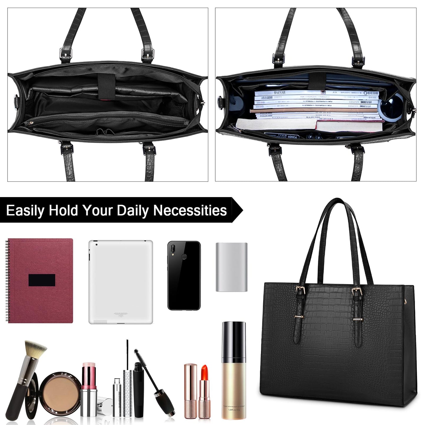 Laptop Bag for Women 15.6 Inch Crocodile Leather Tote Bag Water-resistant Work Briefcase Business Computer Shoulder Bag for Travel Teacher Nurse Professional Handbag,Black