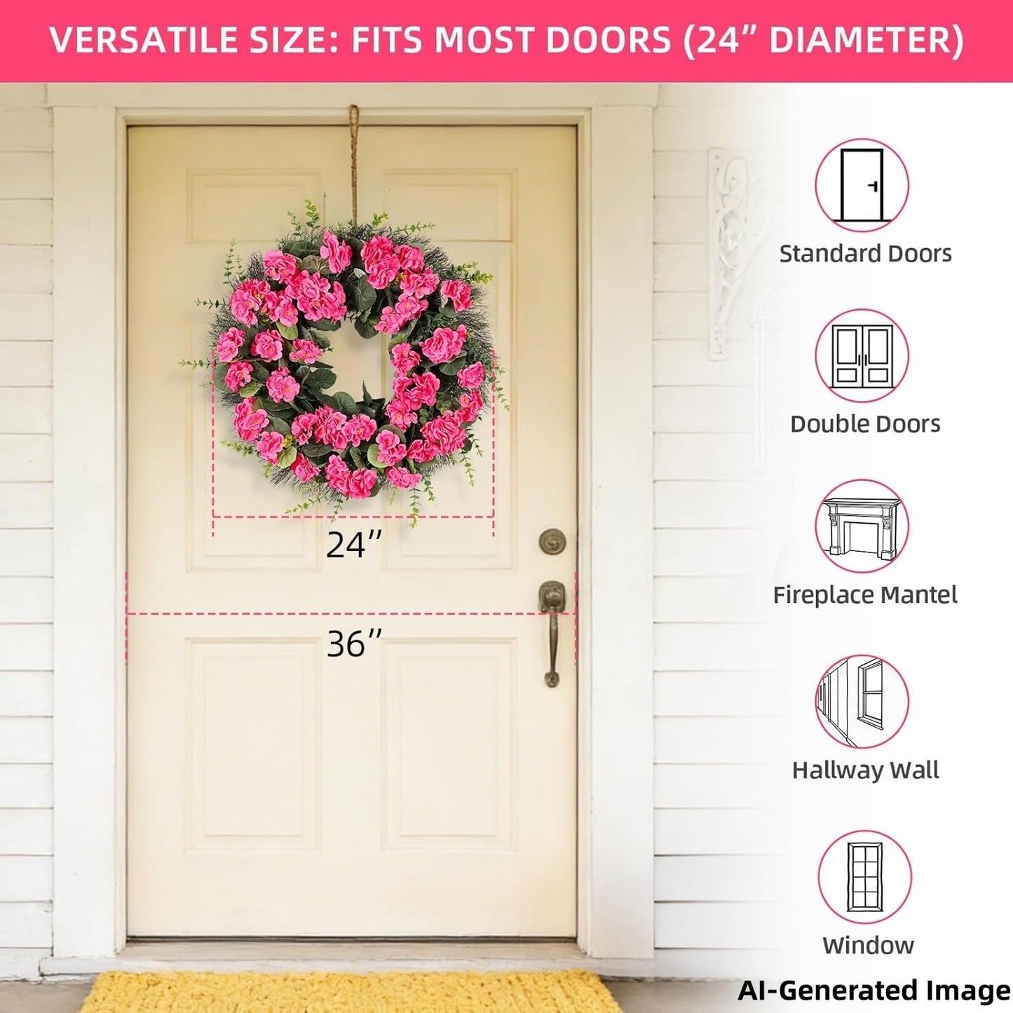 KuiMen Rose Red Artificial Geranium Wreath, 22 Inch Spring Summer Wreaths for Front Door with Blessed Hanging Sign, for Rustic Farmhouse Entryway Porch Balcony Decor