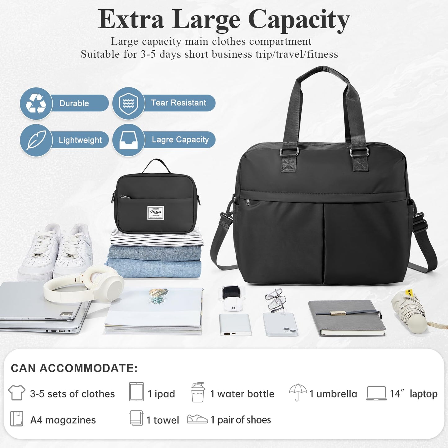 Expandable Personal Item Travel Duffle Bag Weekender Bag for Women Men, Overnight Hospital Carry On Bag with Toiletry Bag for Airplanes Travel Business Trips Sport,Black