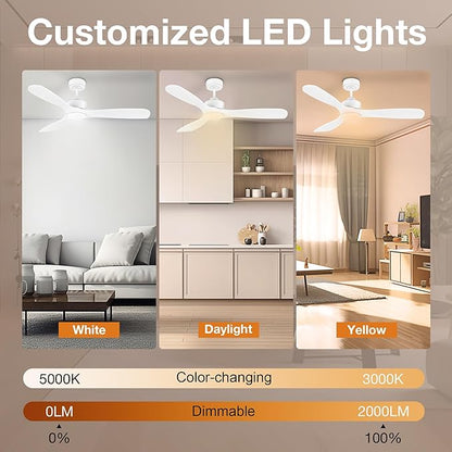52” Wood Smart Ceiling Fans with Lights Remote,Quiet DC Motor,Outdoor Indoor Ceiling Fan,Voice Control via WIFI Alexa App,Dimmable,Modern White Lighting& Ceiling Fan for Bedroom Patio Porch