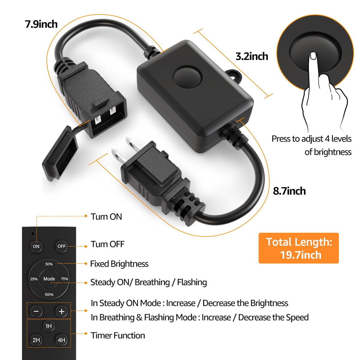 Larkvue 120W Outdoor Dimmer for String Lights with Remote, 4 Brightness, 3 Modes, Timer & Memory Function, Waterproof Plug Switch for S14/ST38/G40