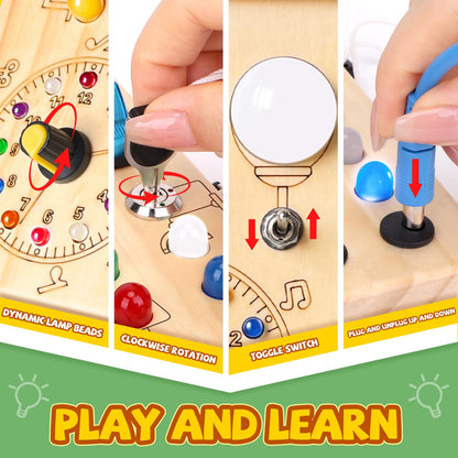 Iabedi Busy Board, Montessori Toy for 1-3 Years Old, Wooden Toddler Sensory Travel Toy, Ideal Gift for 1+ Year Old Boys (Busy Board Plus V2), Medium, Yellow