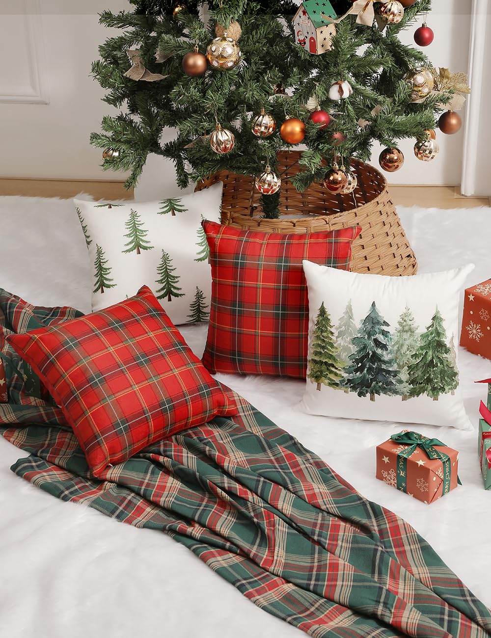 TOYPOPOR Christmas Decorations, Double Sided Plaid Throw Pillow Covers 16x16 Inches Set of 4, Christmas Tree, Snowflakes, Merry Christmas, Snowman Reindeer Winter Holiday Pillowcase for Sofa Couch