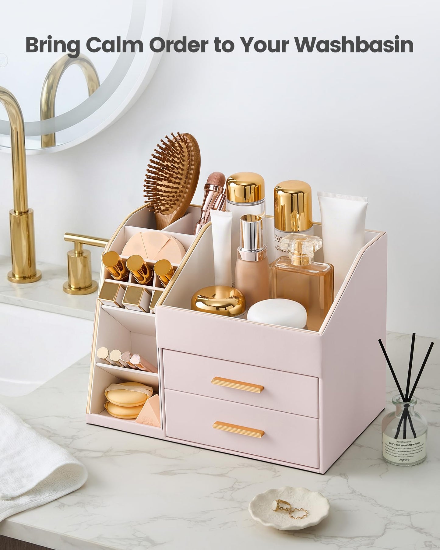 Lolalet Makeup Organizer Countertop with Drawers, Easy to Clean PU Leather Storage Box, 3-Layer Cosmetic Holder for Skincare, Lipstick, Perfume & Brush, Display Case for Vanity Dresser Bathroom - Pink