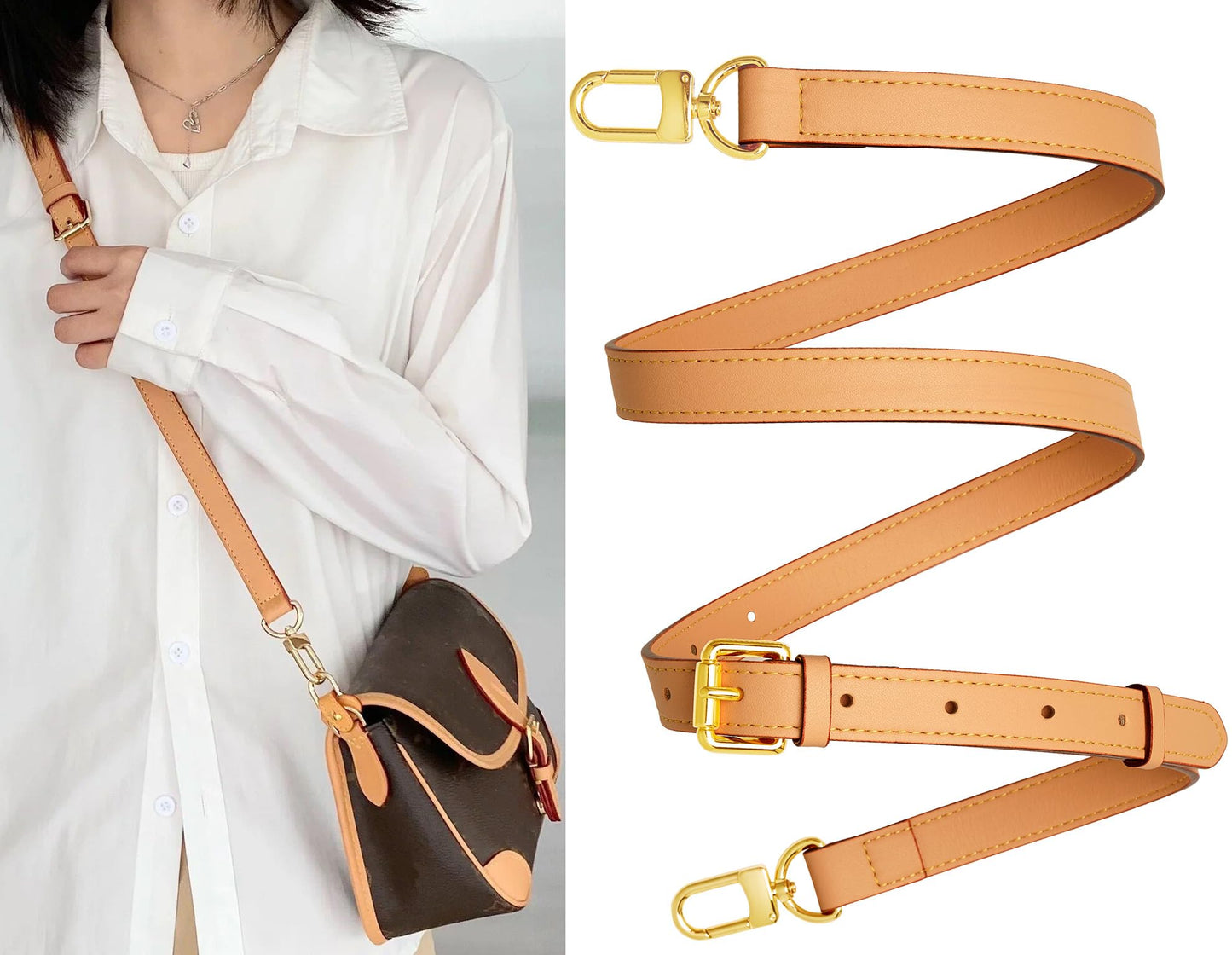 YAZHIMI Vachetta Leather Purse Strap Genuine Leather Adjustable Replacement Strap for Shoulder Bag Handbag Purse (Apricot-Leather Purse Strap)