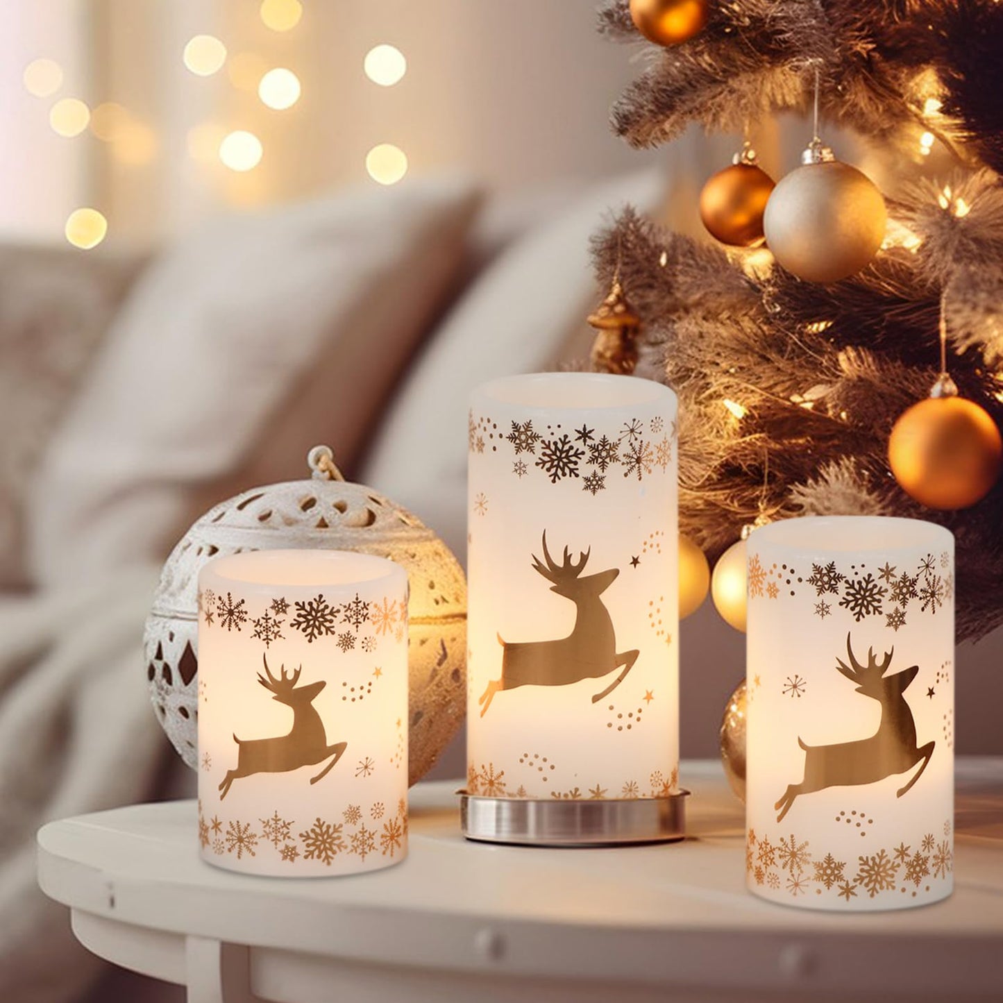 Wondise Flameless Flickering Candles with 6H Timer, Gold Deer Christmas Battery Operated Candles 3 Pack Real Wax Warm Light LED Pillar Candles for Christmas Dinner Tabletop Holiday Decor 3" x 6"