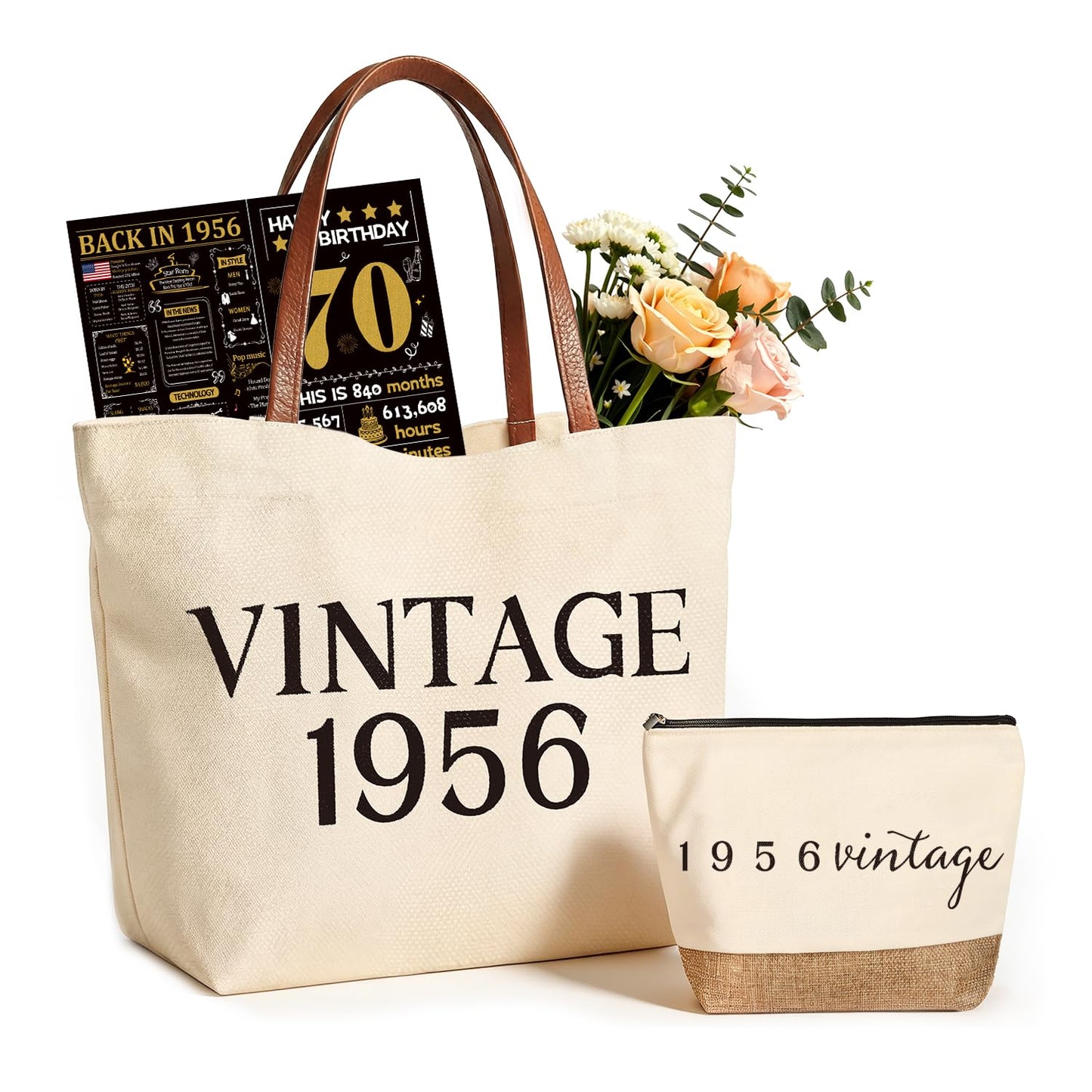 Vintage 1956 Gifts for Women, 70th Birthday Gift Set, Canvas Tote Bag with Leather Handles, Makeup Pouch & Back in 1956 Card, Gift for Her Turning 70