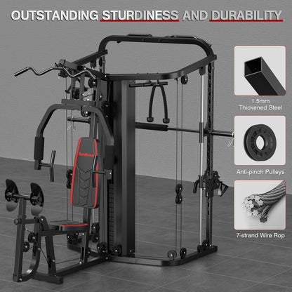 SunHome Multifunction Home Gym Equipment Workout Station, Smith Machine with 138LB Weight Stack, Leg Press, LAT Station for Full Body Training
