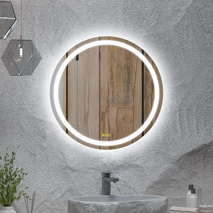 OKISS Round Bathroom Mirror with Lights 24 Inch 3000K/4500K/6400K Wall Vanity Mirror with Anti-Fog Round Led Mirror 3 Color, Dimmable, Memory Smart Touch Button