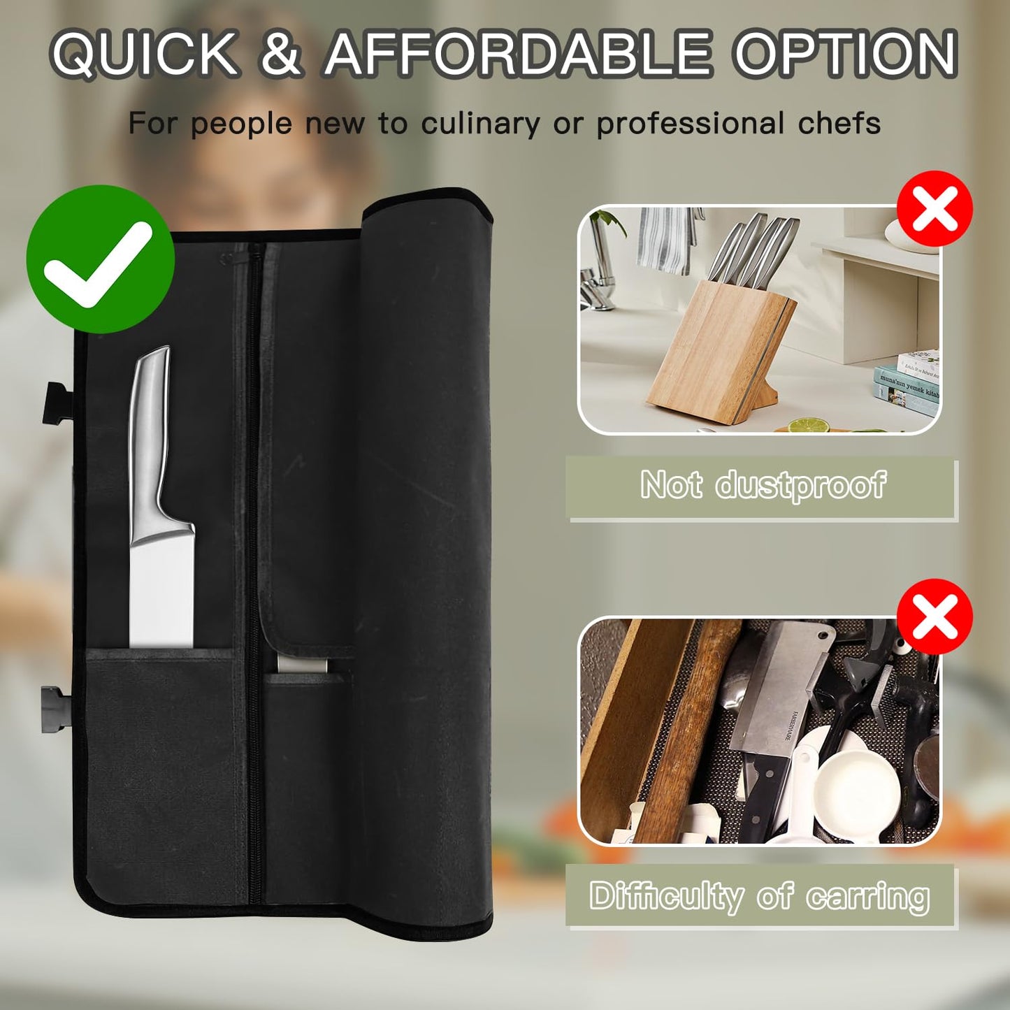 Chef Knife Roll Bag,Waterproof Waxed Canvas Knife Case Holds,Knives Roll Bags for Chefs Professional with Adjustable Strap,Chef Backpack (Black)