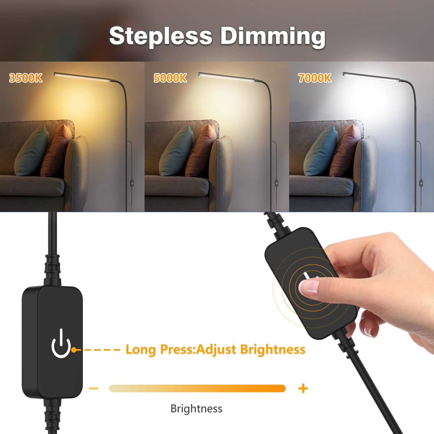 WEDEESUN 15W Floor Lamp with Touch Control Adjustable Brightness 3500K-7000K 360° Gooseneck LED Floor Lamps Eye-Caring Floor Lamp for Living Room, Bedroom & Office Stepless Dimming Standing Lamp