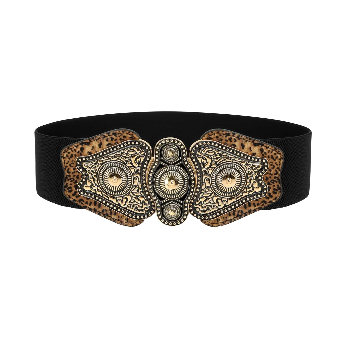 BlackButterfly Wide Elastic Stretch Vintage Antique Retro Buckle Belt (Black - Leopard, XL)