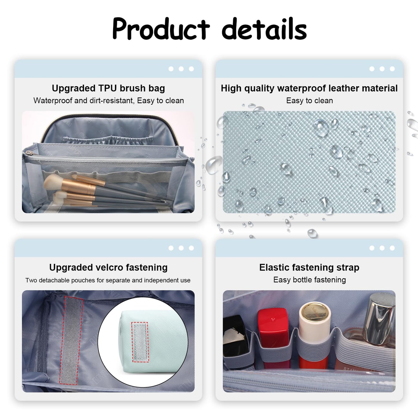 BOYATU Travel Makeup Bag Organizer Cosmetic Bag: 3 Pcs Set Make up Bags for Women with Handle - Waterproof Vegan Leather Toiletry Bags Travel Essentials Pouch with Compartments (A-06-Blue)