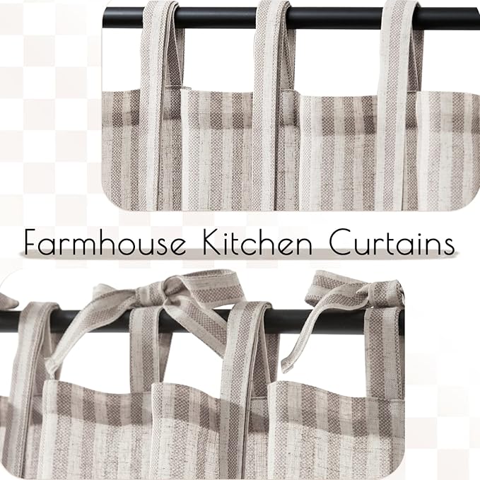 jinchan Tie Top Linen Kitchen Curtains 24 Inch Length Striped Tier Curtains Ticking Stripe Small Drapes for Living Room Bathroom Cafe Small Window Farmhouse Rustic Rod Pocket 2 Panels Taupe Grey
