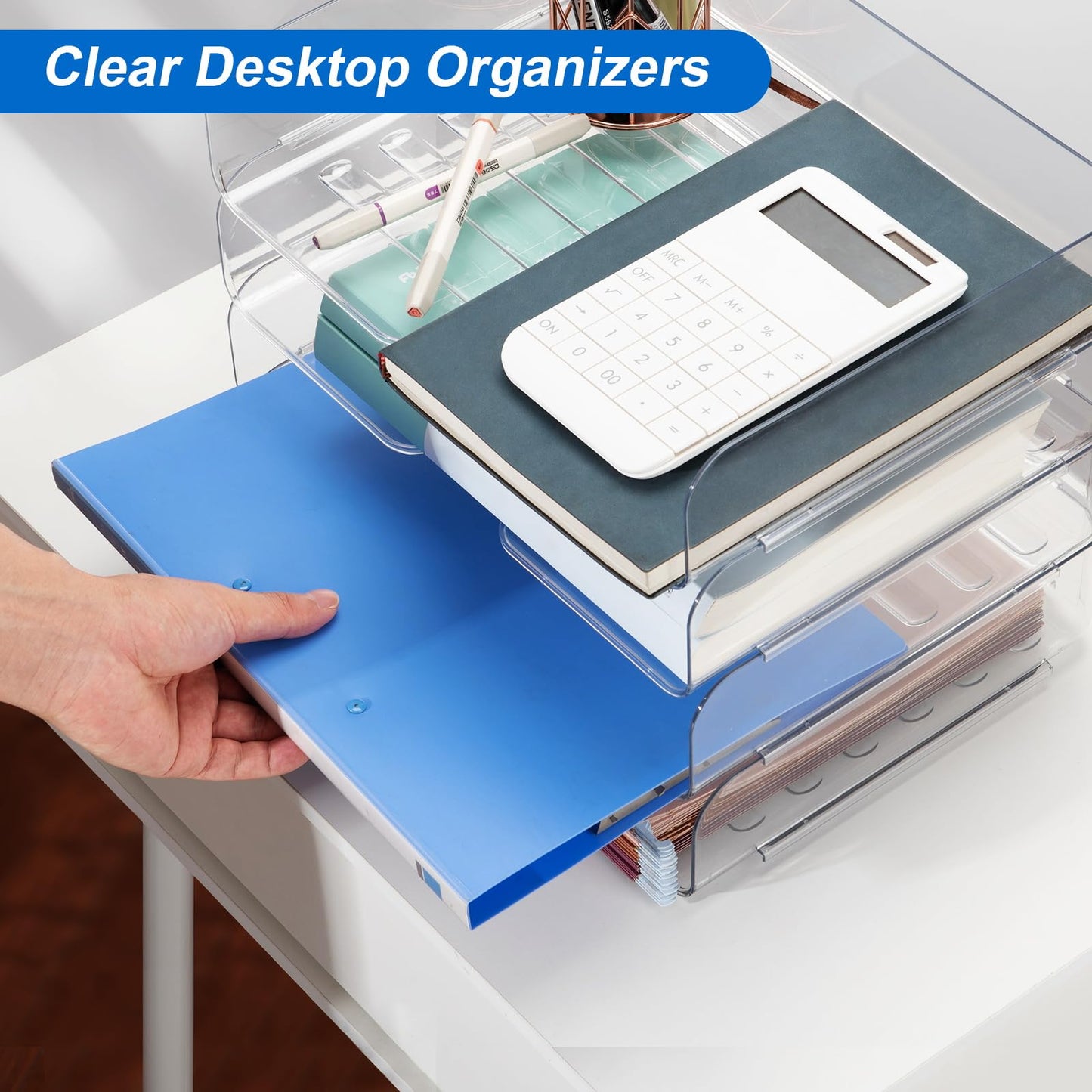Desk Organizer and Storage,4-Tier Paper Letter Tray Organizers,Stackable Clear Desktop Organizer for Documents,Book Magazine Storage,Office Supplies, (Clear,4 Pack)