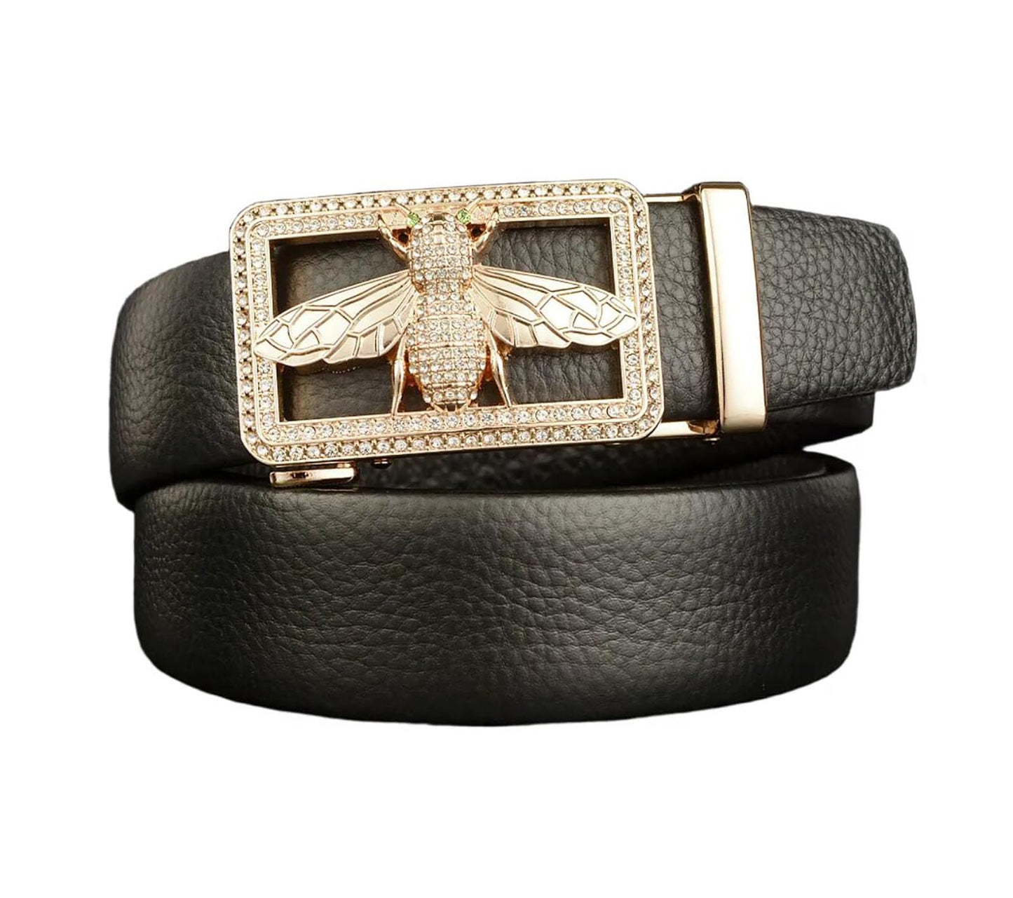 Lyqqine Men's Leather Ratchet Belt Ethnic Style Buckle Retro Personality Dragon Carved Casual Business Belt 49" Trim To Fit (Black Bee Buckle)