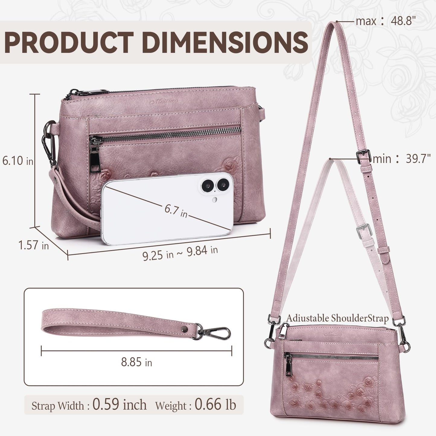 MEITRUE Wristlet Wallets Clutch Purses for Women - Rose Embossed Vegan Leather Small Crossbody Bag Mini Cell Phone Wallet Purse with Adjustable Strap & Card Pockets