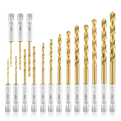amoolo Hex Shank Drill Bit Set (13Pcs Set+3 Pcs Free), Premium 4341 HSS Titanium Impact Hex Drill Bits for Wood, Steel, Metal, Plastic, Quick Change Design (1/16 -1/4 )