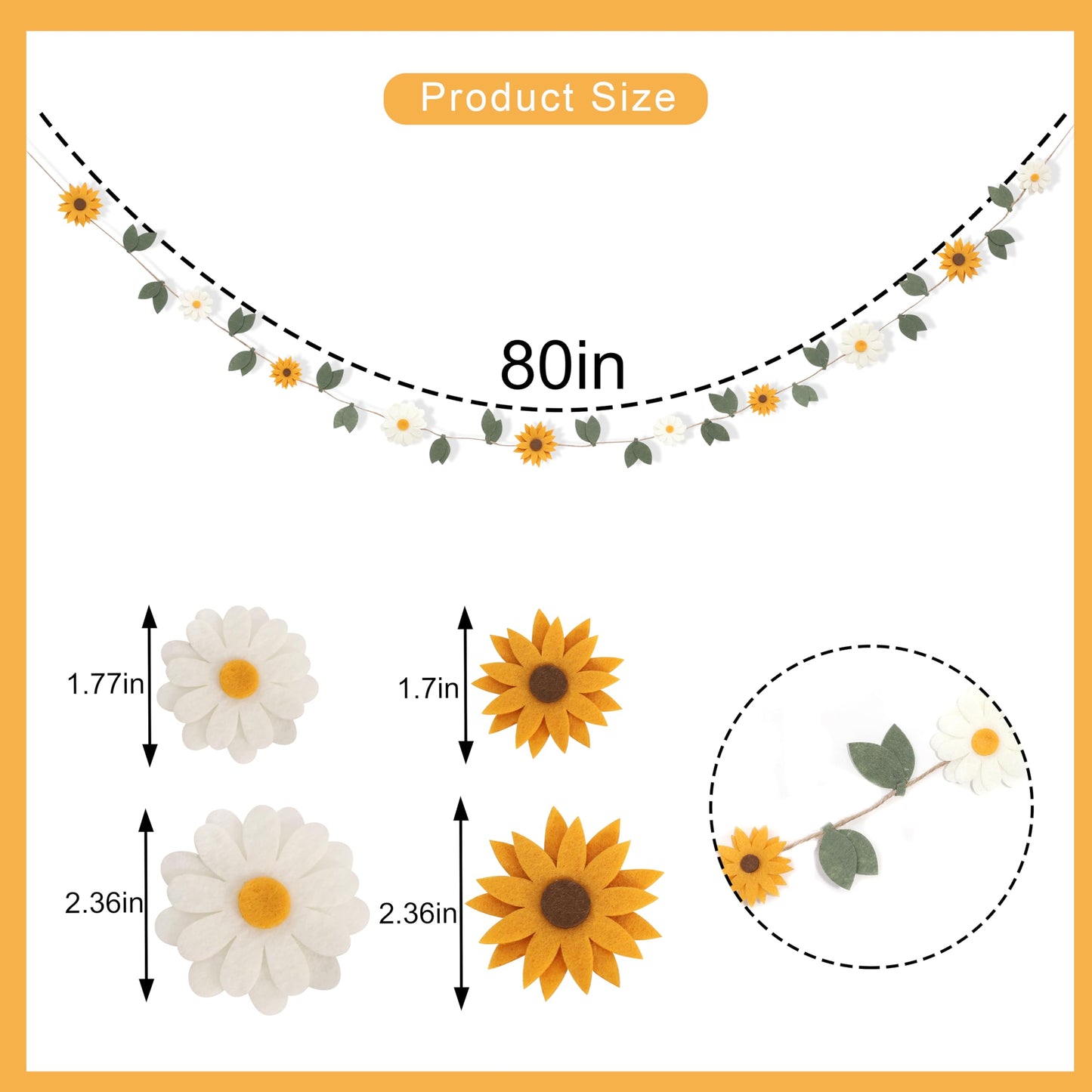 Felt Daisy Sunflower Garland - Flower Party Wall Hanging Decorations,Bohemian Daisy Sunflower Felt Banner,Floral Leaf Chain Garland Photo Props,Garden Birthday Wedding Banner Decorations