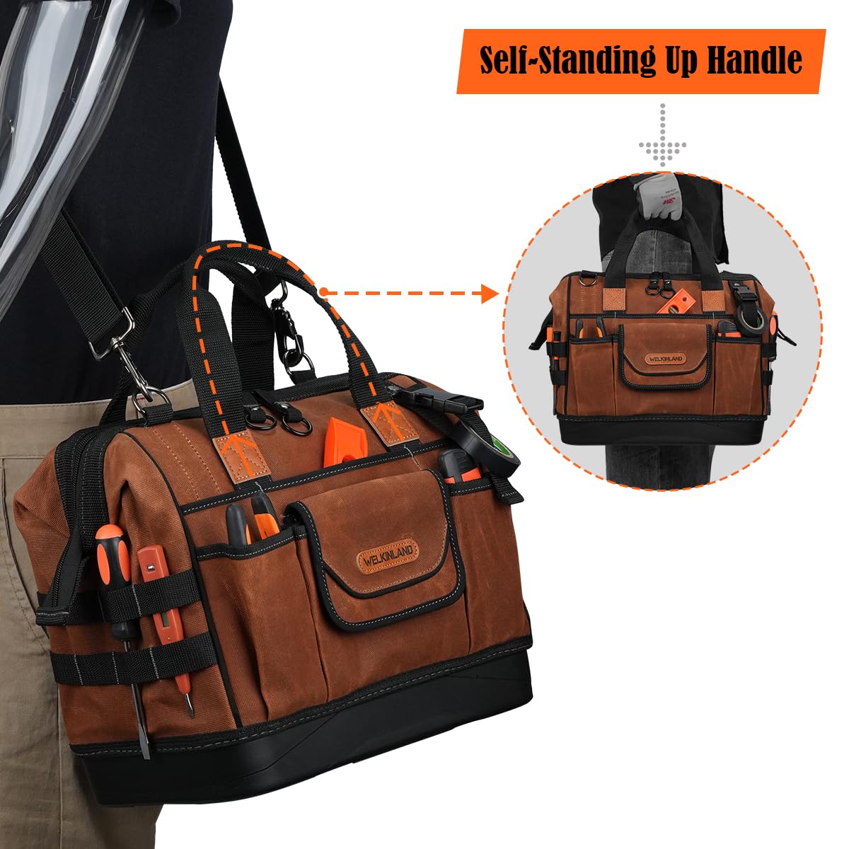 WELKINLAND 22-Pockets Hard Bottom Tool Bag, 14-Inch Waxed Canvas Tools Bag, 25L Heavy Duty Electrician Bags, HVAC Service Bags, Mechanic, Technician Tool Bag