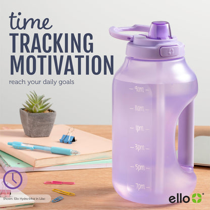 Ello Hydra 64oz Half Gallon Water Jug with Handle and Motivational Time Markers for All Day Hydration, Plastic Reusable Water Bottle with Straw and Locking, Leak Proof Lid, BPA Free, Yucca
