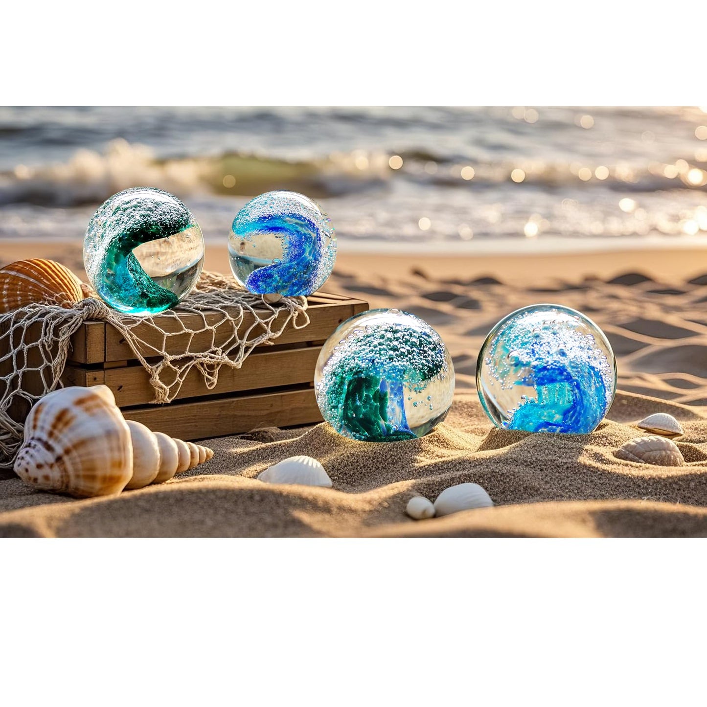 JUYOULE Hand Blown Glass Decorative Balls：Unique Ocean Wave Design, Elegant Paperweights for Office Desk, Coastal Room Decor, Beach Bathroom Decor, Sea Glass Art, Ocean Gift Idea （Blue）