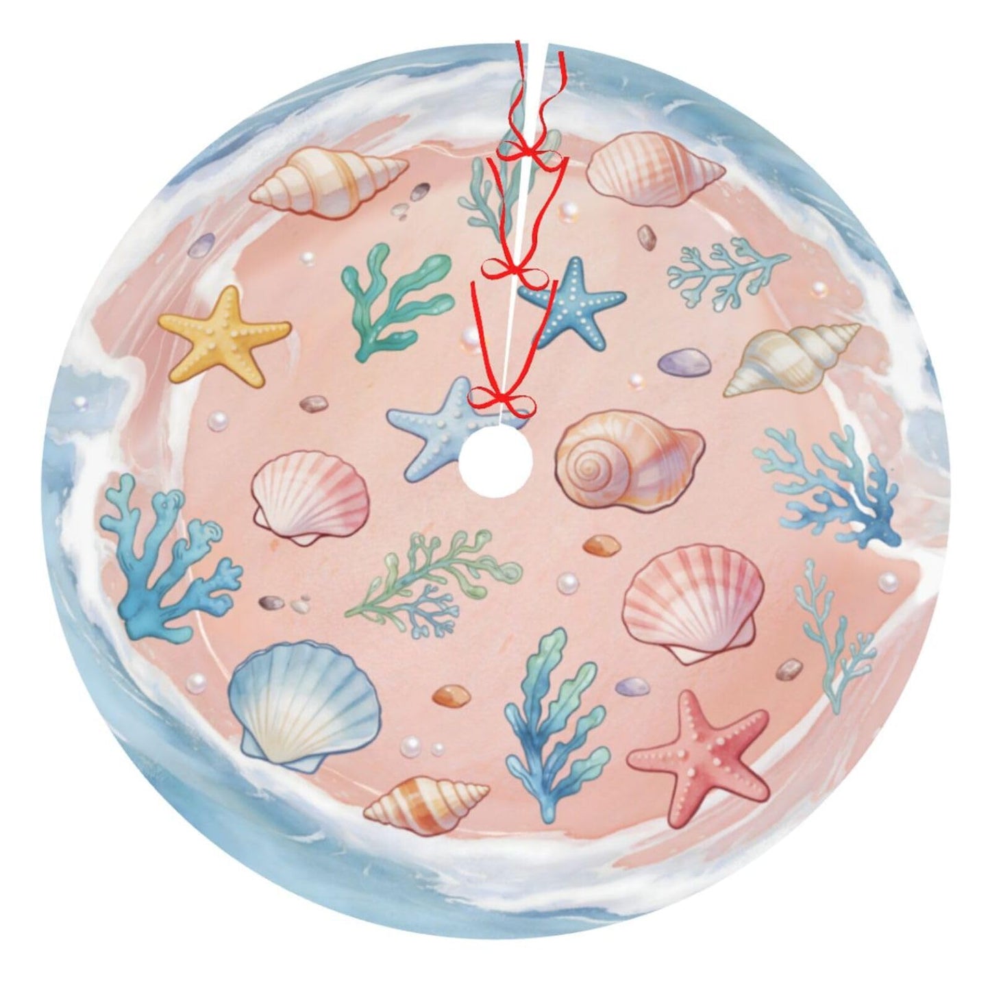 Summer Beach Shell Starfish Tree Skirt 36" Tree Mat for Christmas Tree Topper Holiday Party Yard Decorations Indoor Outdoor Ornaments 36"