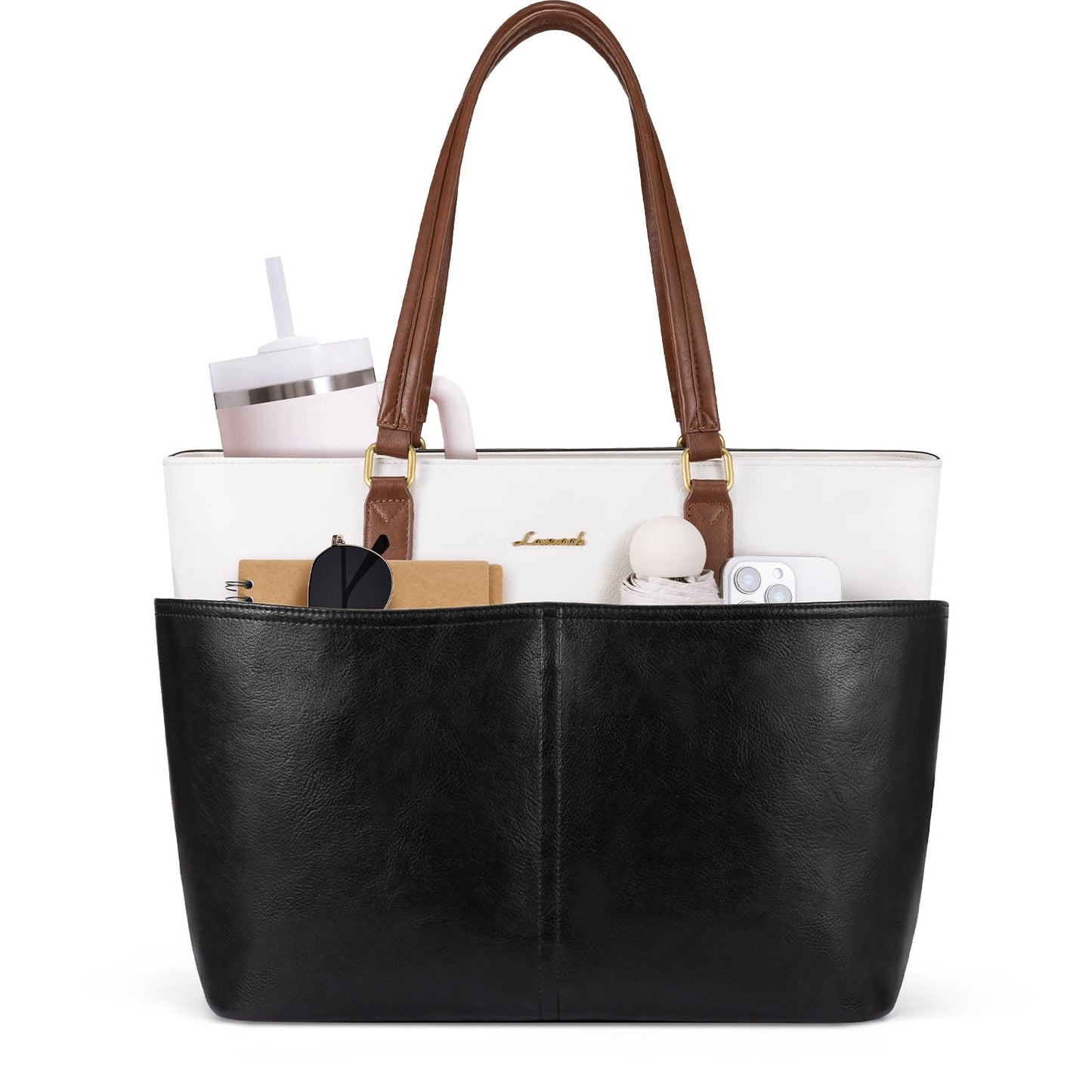 LOVEVOOK Work Tote Bags for Women, Vintage Leather 15.6 Inch Laptop Bag with Large Cup Holder, Teacher Nurse Medical Professional Computer Bag, Office Briefcase Handbag Gift