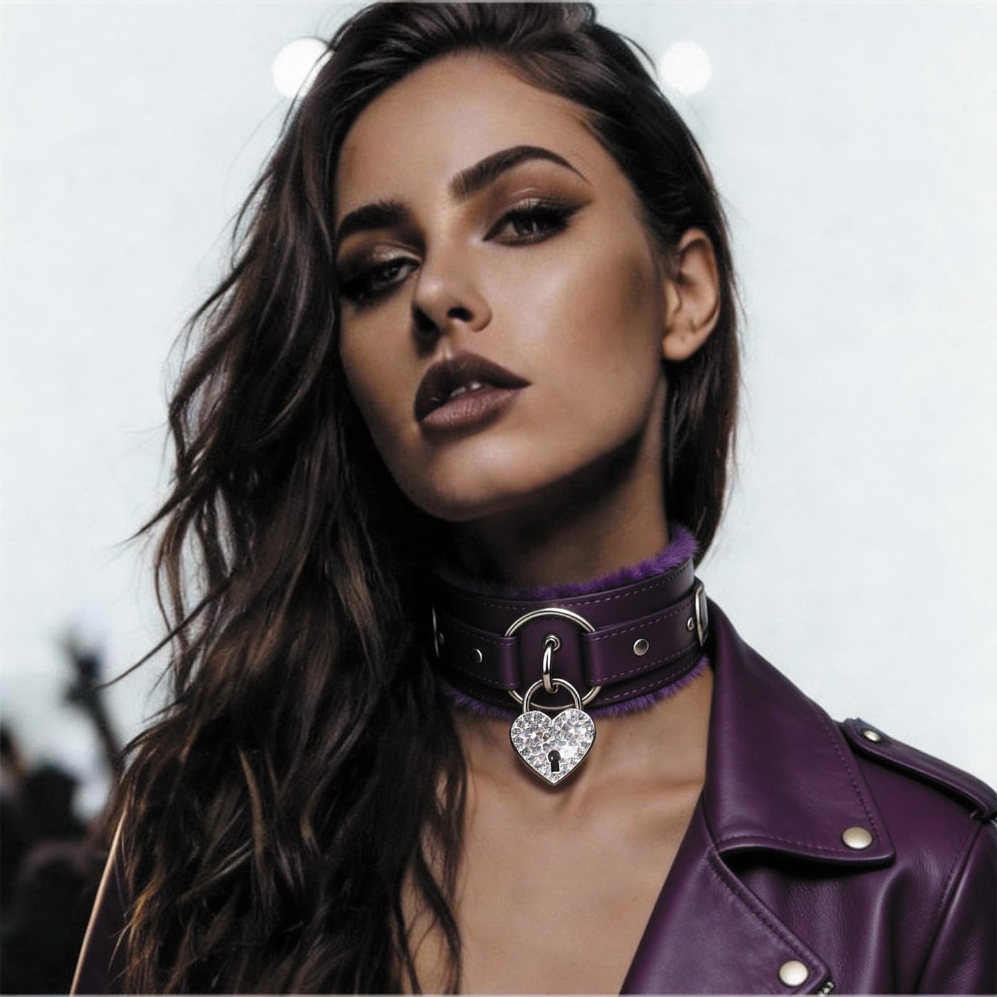 NouAn Leather Choker Necklace for Women - Gothic Collar Choker with Heart Love Lock And Soft Inner Lining - Adjustable Fit for Daily Wear and Themed Occasions Black Bling Lock Purple