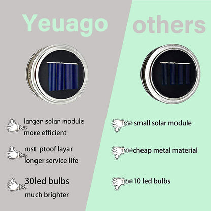 yeuago 12 Pack Solar Mason Jar Lid Lights - 30 LED Firefly Fairy String Lights, Waterproof Outdoor Solar Lights with Hangers for Regular Mouth Jars (No Jars Included)