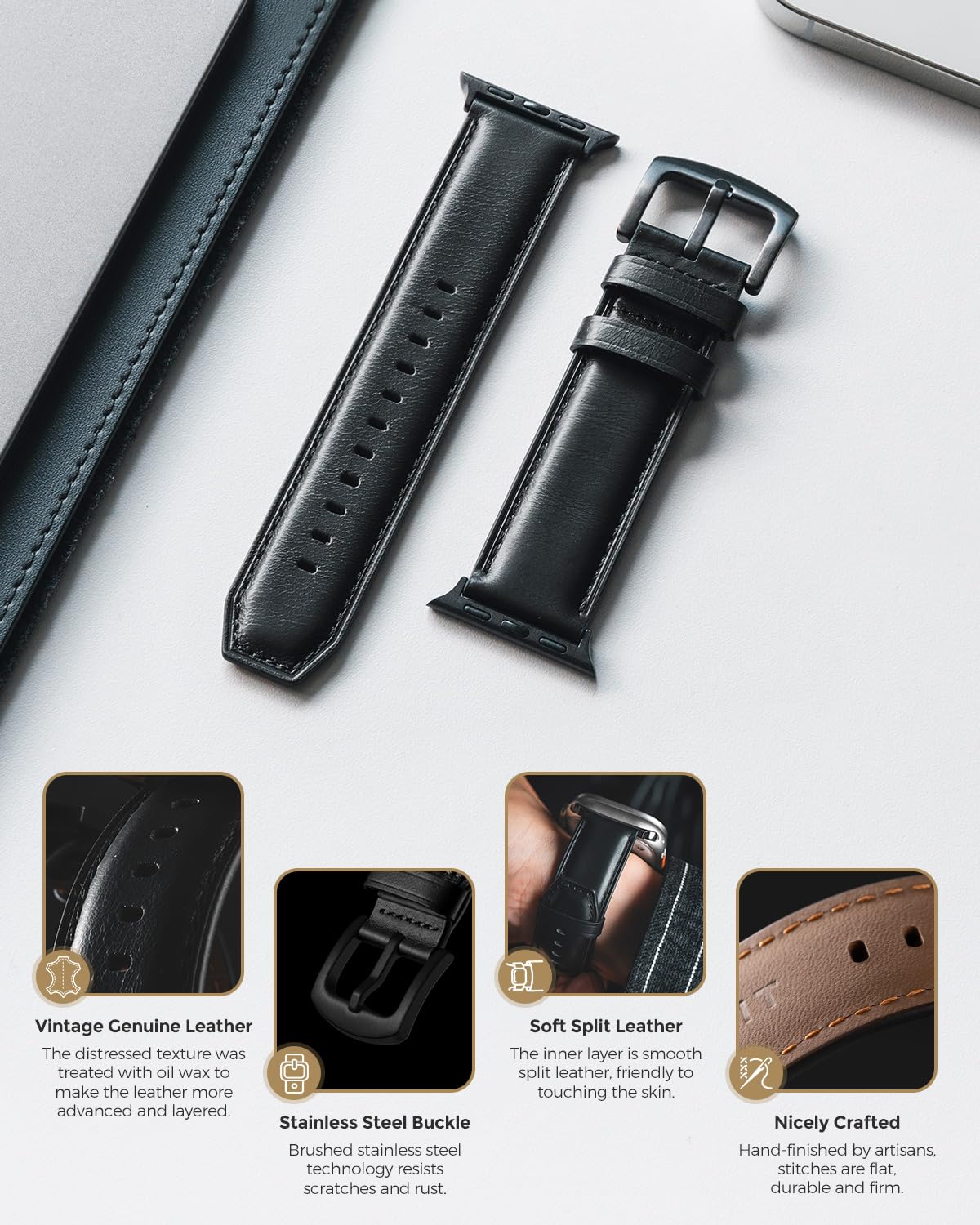 VULKIT Vintage Leather Bands Compatible with Apple Watch Straps 38mm 40mm 41mm, Genuine Leather Wristbands Compatible for Apple iWatch Ultra SE Series 8 7 6 5 4 3 2 1(Black)
