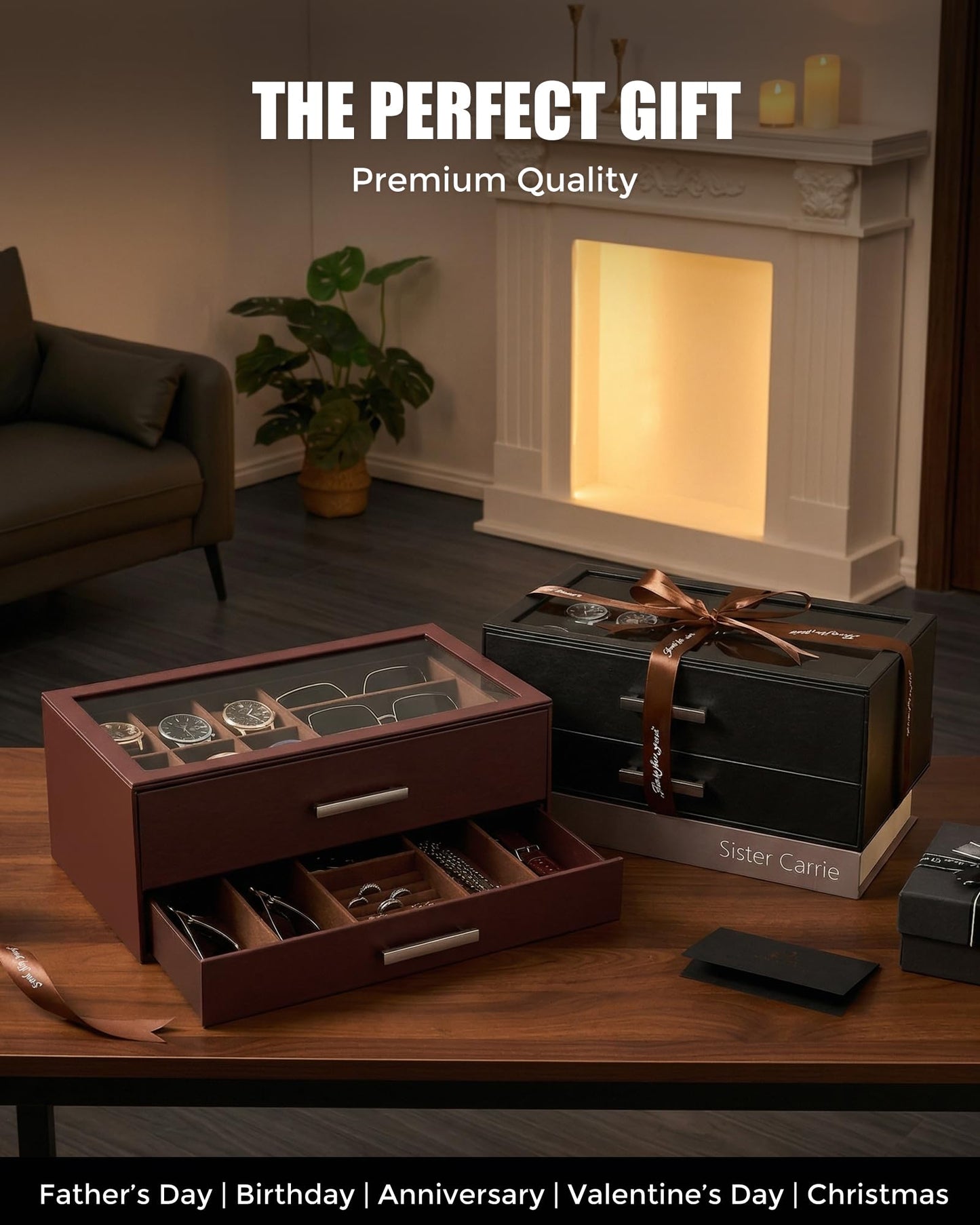 ProCase Mens Jewelry Box Pull-Out Drawer, 6 Slot Watch Case & 5 Slot Sunglasses Organizer, Fathers Day Gift for Dad, 2-Tier Leather Watch Box with Glass Display Top, Gift for Men & Women-Espresso