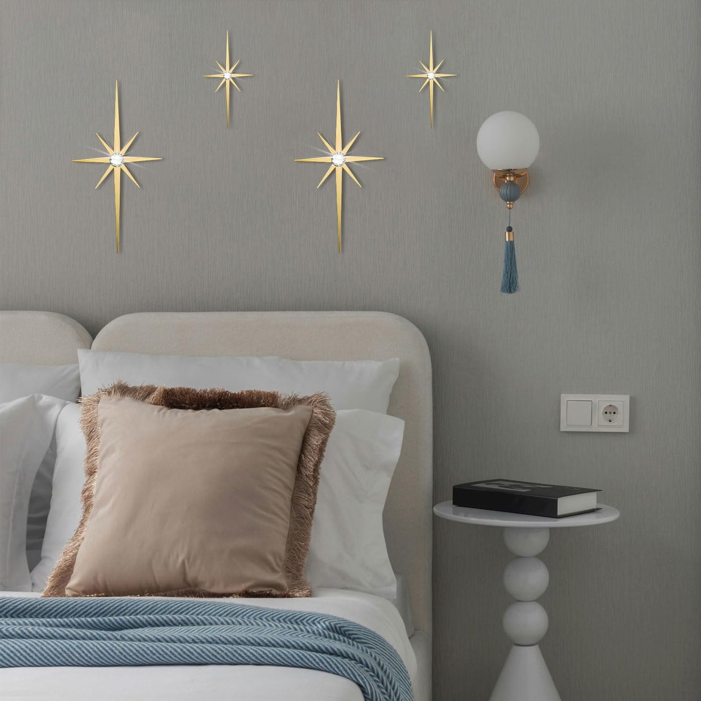 Sxnzequnze 4 Pcs Star Wall Art for Home Decor Living Room Bedroom Office Metal 3D,Bling,with Hanging Hook Starburst Midcentury Sculpture Retro Gallery Accent Celestial -Gold 16.5in/9.4in