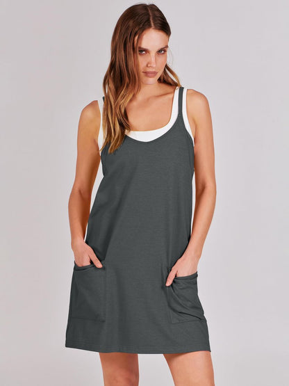 ANRABESS Women Athletic Dress Summer Tennis Workout Active Sports Mini Romper Dress Built in Shorts Travel Vacation Clothes Deep Gray XX-Large