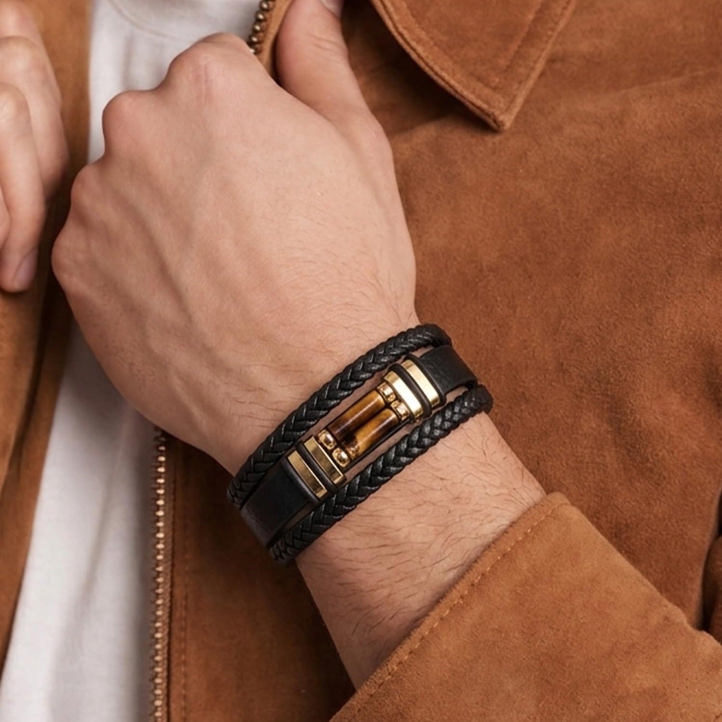 DHWANI ASTRO Leather Braided Stone Bracelet for Men Stainless Steel Buckle Multi Layer Wristband Cuff Bracelets Handmade With Metal Clasp Closure (Tiger Eye)