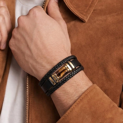 DHWANI ASTRO Leather Braided Stone Bracelet for Men Stainless Steel Buckle Multi Layer Wristband Cuff Bracelets Handmade With Metal Clasp Closure (Tiger Eye)