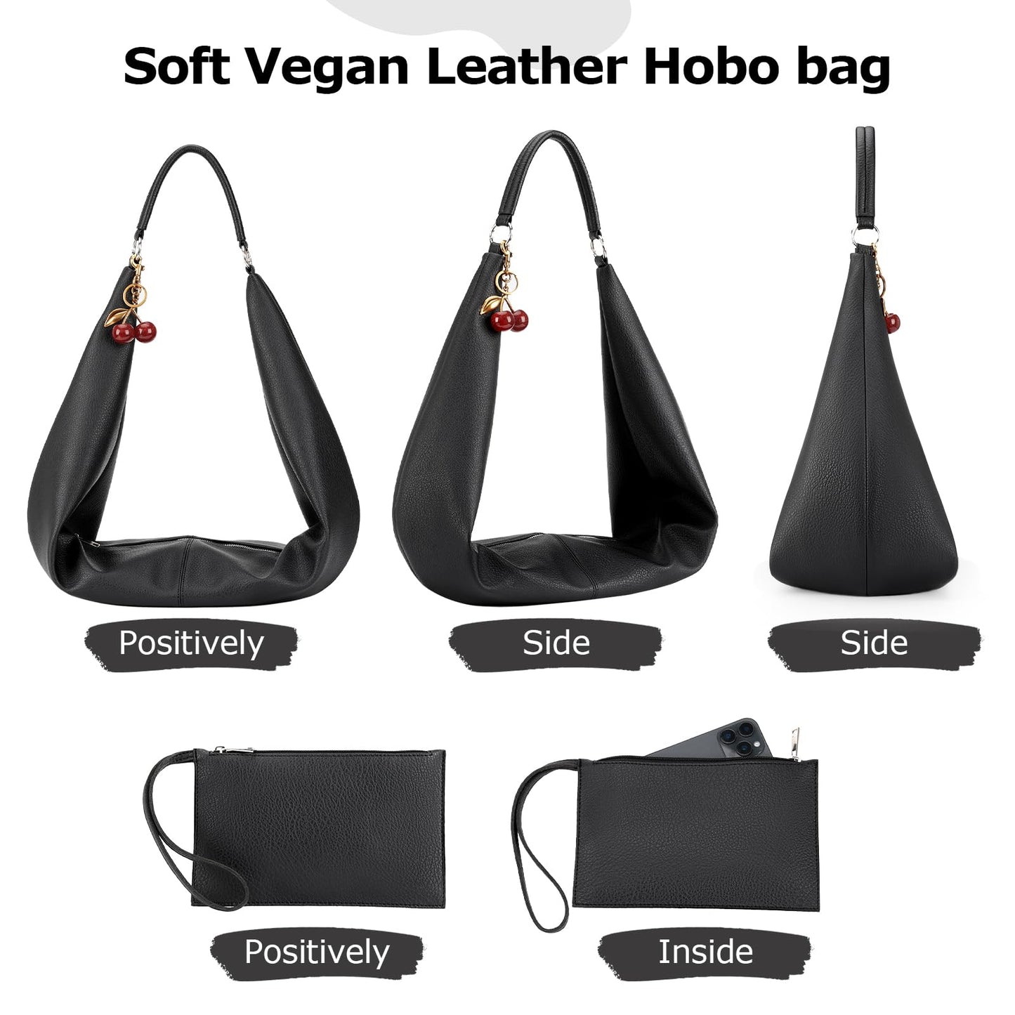 Slouchy Hobo Bags for Women Soft Vegan Leather Sling Bag Designer Shoulder Purses Top Handle Handbag with Small Purse (Black)