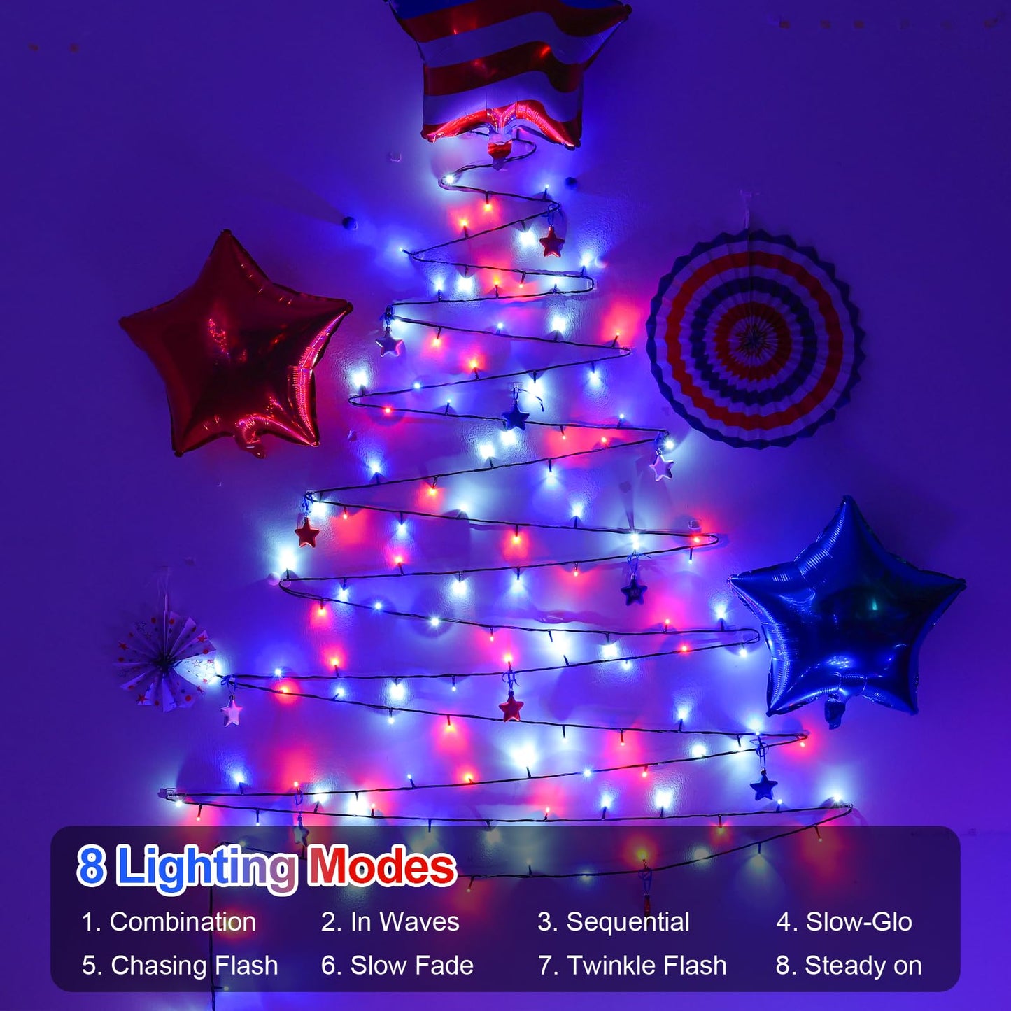 QITONG 500 LED Red White and Blue String Lights, 165ft 4th of July Decorations Lights Plug in Outdoor Indoor, 8 Modes Patriotic Light Green Wire for Independence Memorial Day Décor