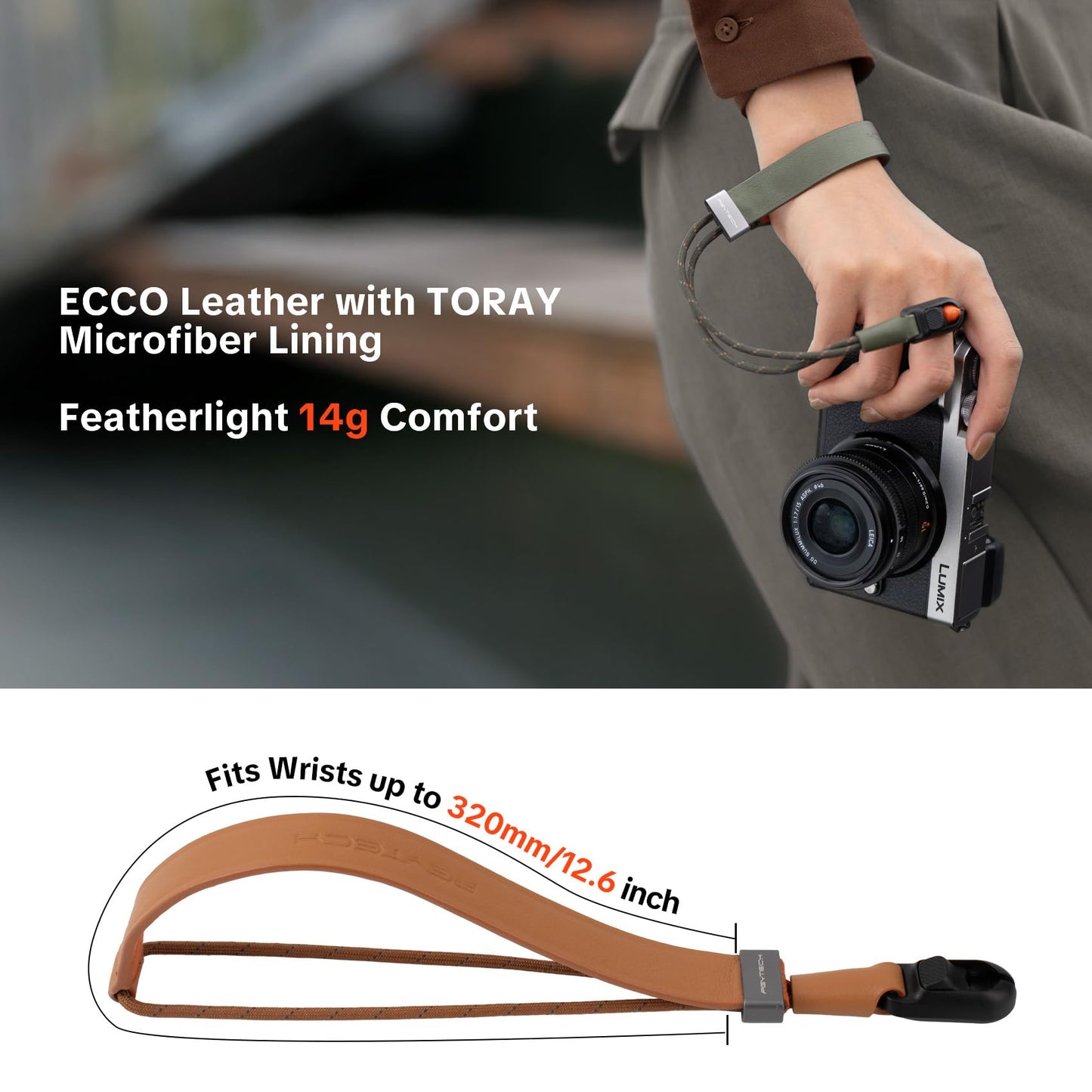 PGYTECH Camera Wrist Strap Slim Vintage Style, Adjustable Quick Release Anti-Drop Leather Hand Strap Holds 55.1lb for Fujifilm/Sony/Canon Camera/Smartphone, Retro Camera Strap, Caramel Brown
