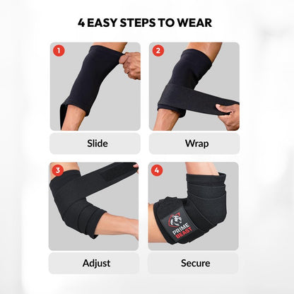 Prime Beast Hybrid Elbow Wraps for Weightlifting, Compression Sleeve and Adjustable Wrap Support for Bench Press, Powerlifting, and Gym Training (1 Pair) (Black, Medium)