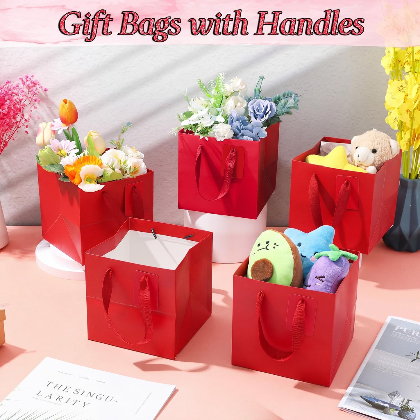 Windyun 25 Pcs Mini Paper Gift Bags with Handle 6 x 6 x 6'' Square Small Favor Bag with DIY Thank You Tag for Christmas Birthday Wedding Bridal Shower Bridesmaid Graduation Party (Red)