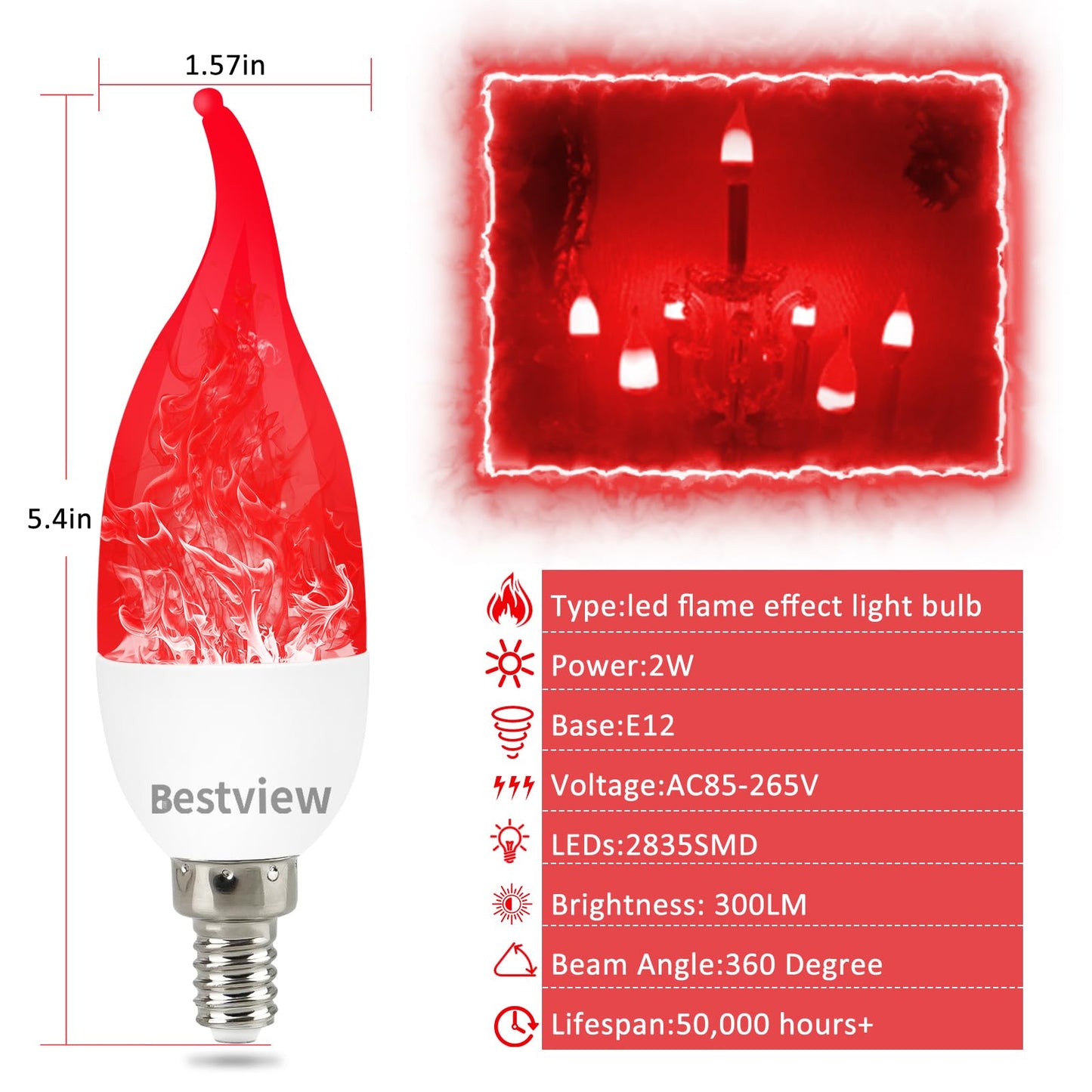 Bestview LED Flame Effect Light Bulbs,3 Modes Flickering Light Bulbs, Smart E12 Chandelier Base Candle Fire Light Bulb for Halloween, Christmas, Porch Indoor&Outdoor Home Decoration -6 Pack(Red)