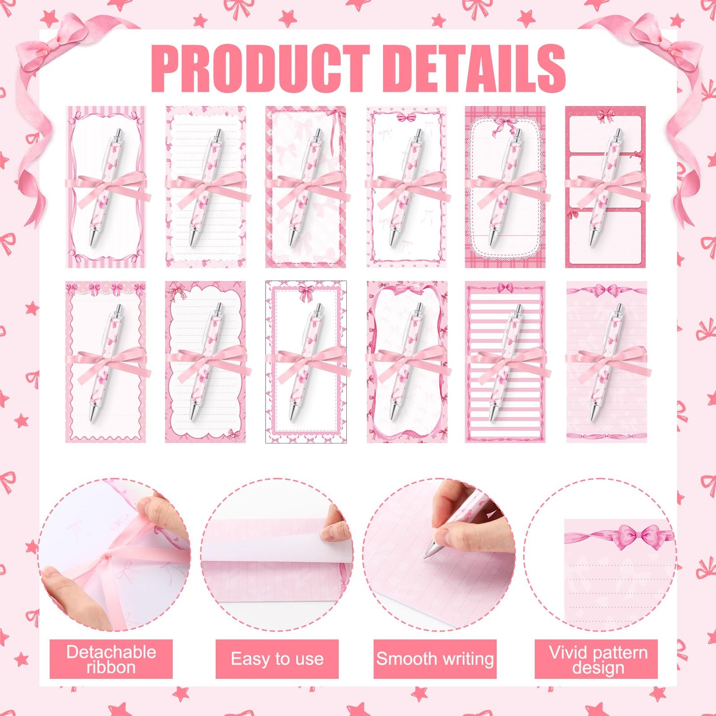 Tellingyou 30 Pcs Pink Bow Sticky Notes with Pens, Cute Memo Pads with Ribbons, 3.9x7.8 Inch to Do List Notepad Set, Bulk Pink Stationery Gifts for Women Coworker Office Supplies Bridal Shower Favors