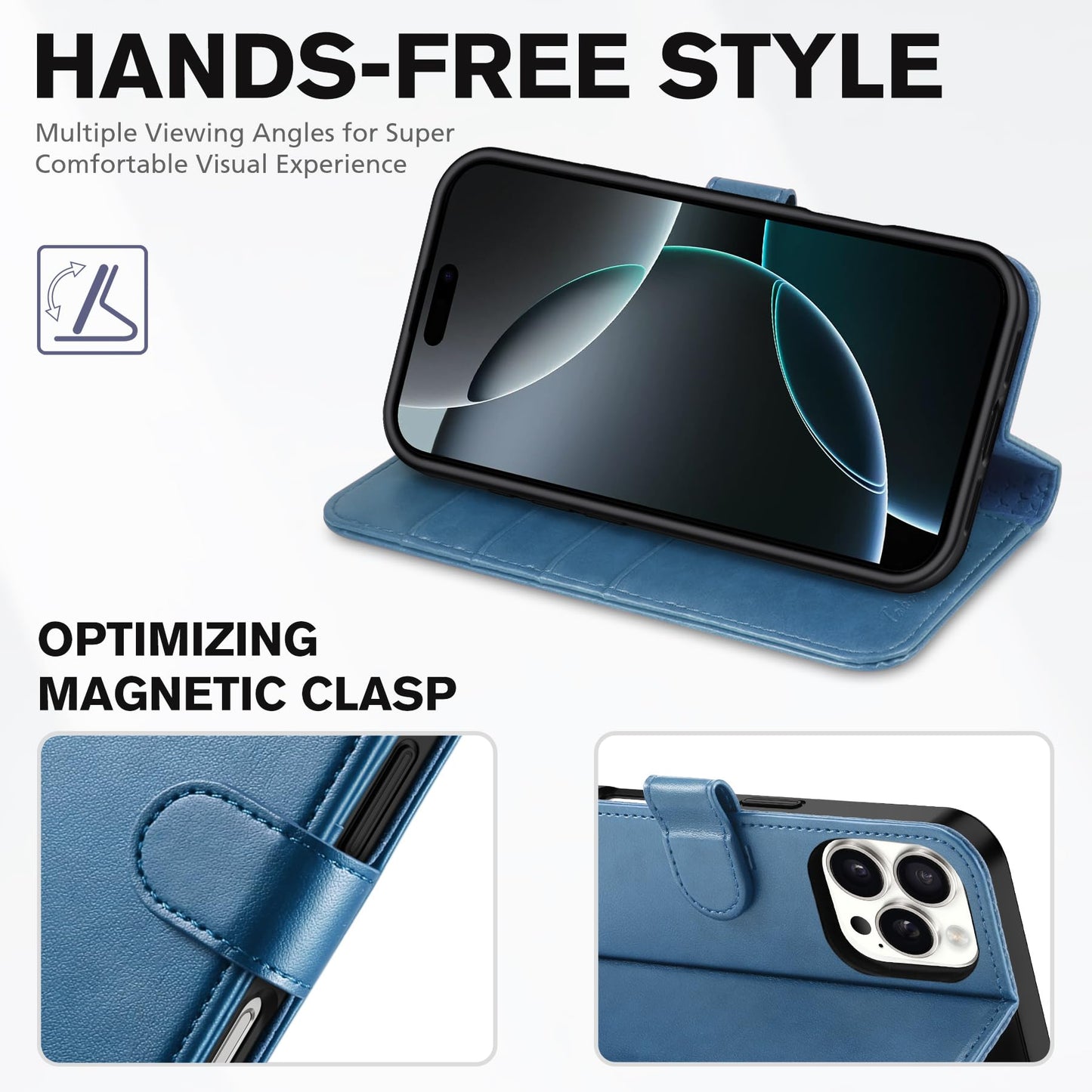 TUCCH Wallet Case for iPhone 16 Pro, Magnetic PU Leather Stand Flip Cover with 4 Card Slots [TPU Shockproof Interior Case] [RFID Blocking] Folio Compatible with iPhone 16 Pro 5G, Light Blue