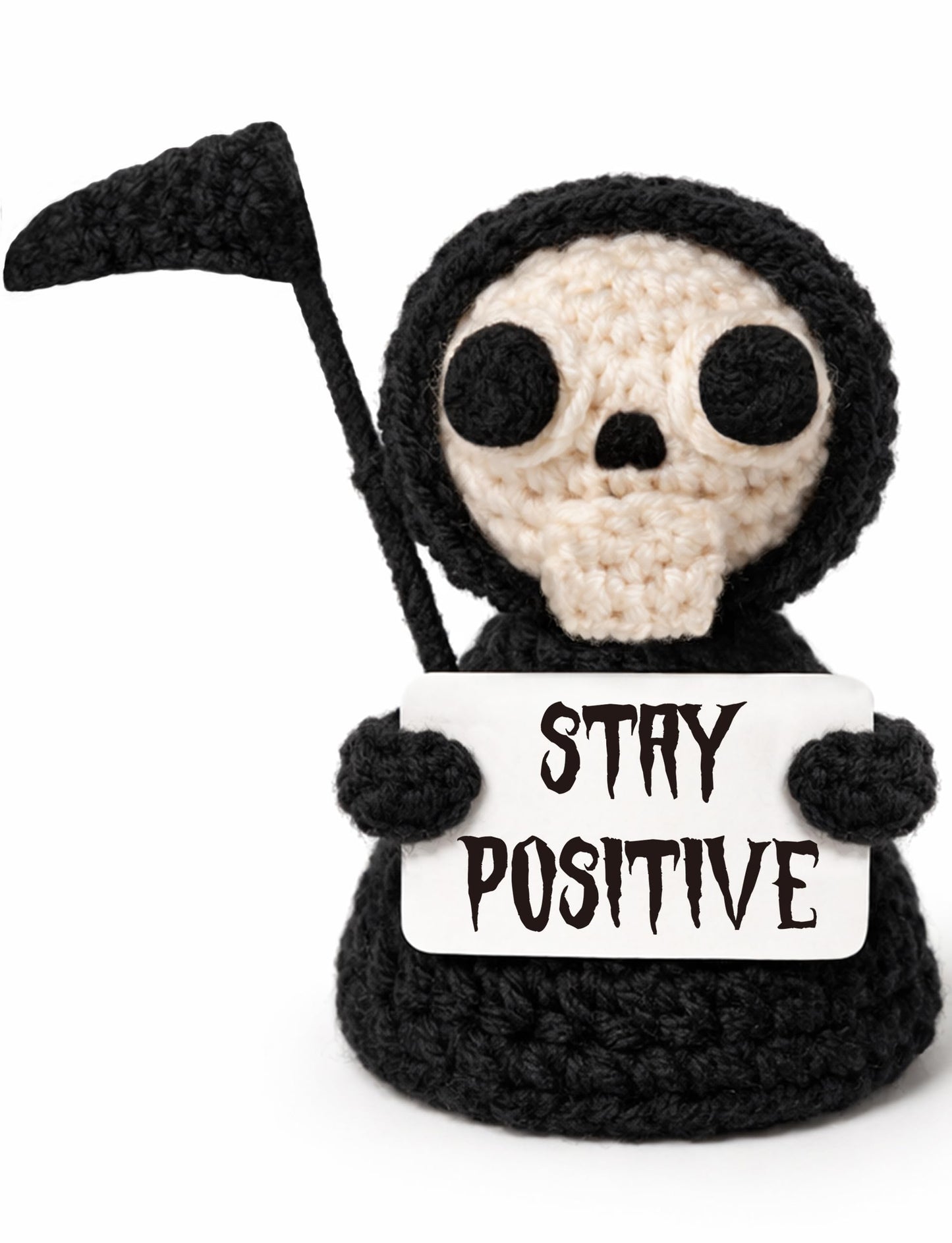 Funny Gothic Grim Reaper Crochet Plush - Spooky Cute Office Decor & Dark Humor Gift - Stay Positive Sarcastic Easter Basket Stuffers Egg Fillers Essentials for Coworker Friend White Elephant Adult