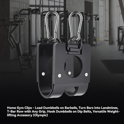 BROQIXIN 2 pcs Home Gym Clips : Load Dumbbells on Barbells, Turn Bars into Landmines, T-Bar Row with Any Grip, Hook Dumbbells on Dip Belts, Versatile Weightlifting Accessory