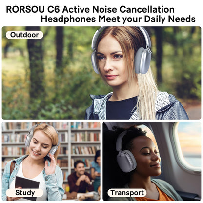 RORSOU C6 Active Noise Cancelling Headphones, Wireless Over Ear Bluetooth Headphones, 60H Playtime, Lightweight Folding Deep Bass Comfort Fit Ear Cups Headset with Mic for iPad/Travel/PC/Home Silver