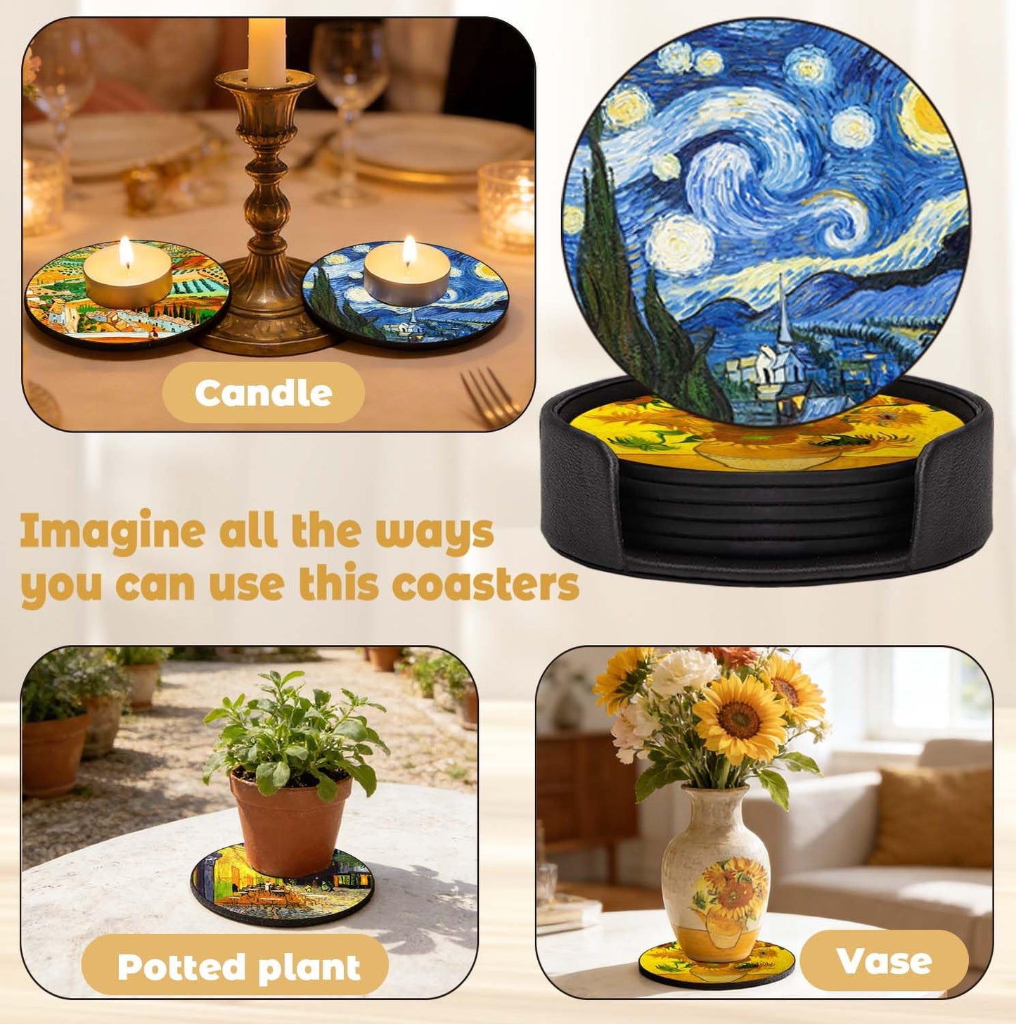 ABCHCHS Coasters Set of 6 - Van Gogh Style PU Leather Coasters for Drinks with Holder - Handmade Round Drink Coasters Set for Home Decor and Housewarming Gift