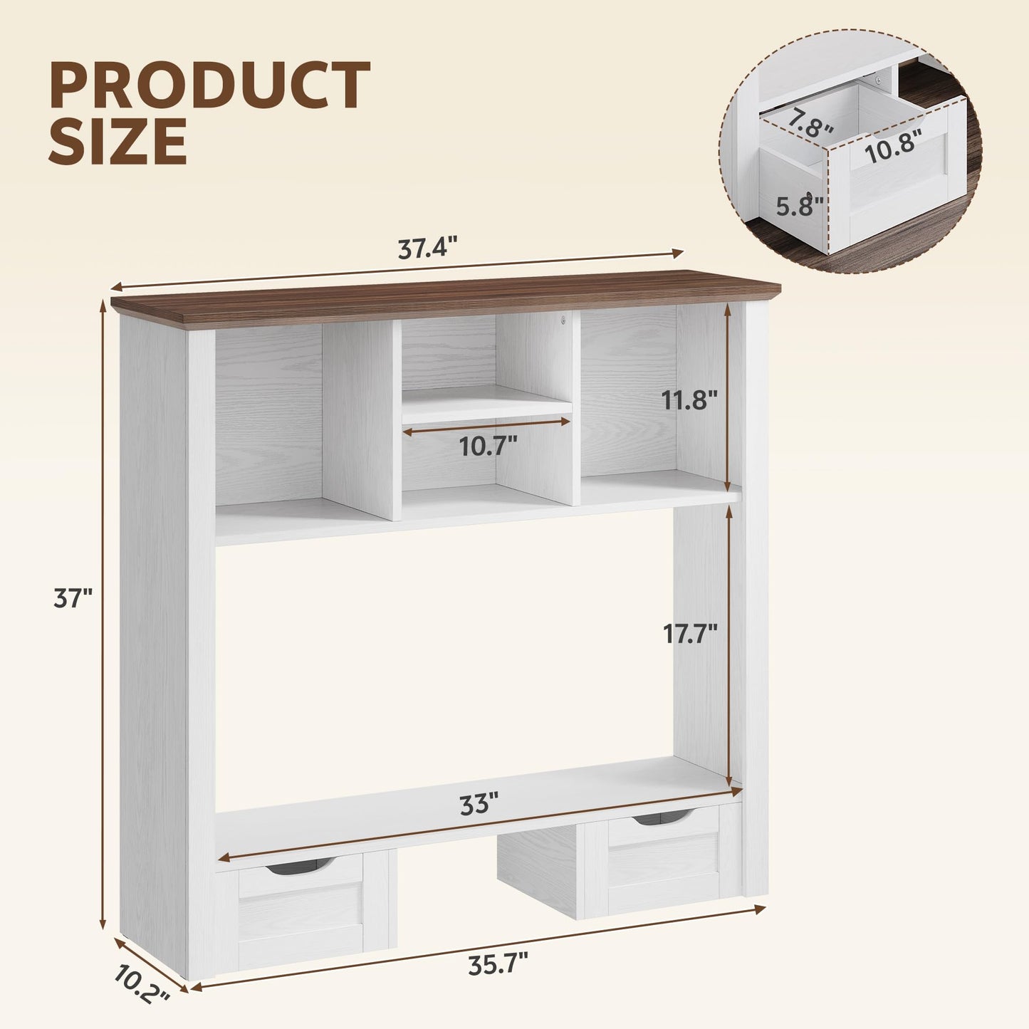 Homiflex Desk Shelf with Computer Monitor Stand, 37.4''W Desktop Bookshelf Display Rack, Desktop Organizer Storage Rack with Cubbies & Drawers, 5-Tier Hutch for Home, Office, Dorm, Vanity, White&Brown