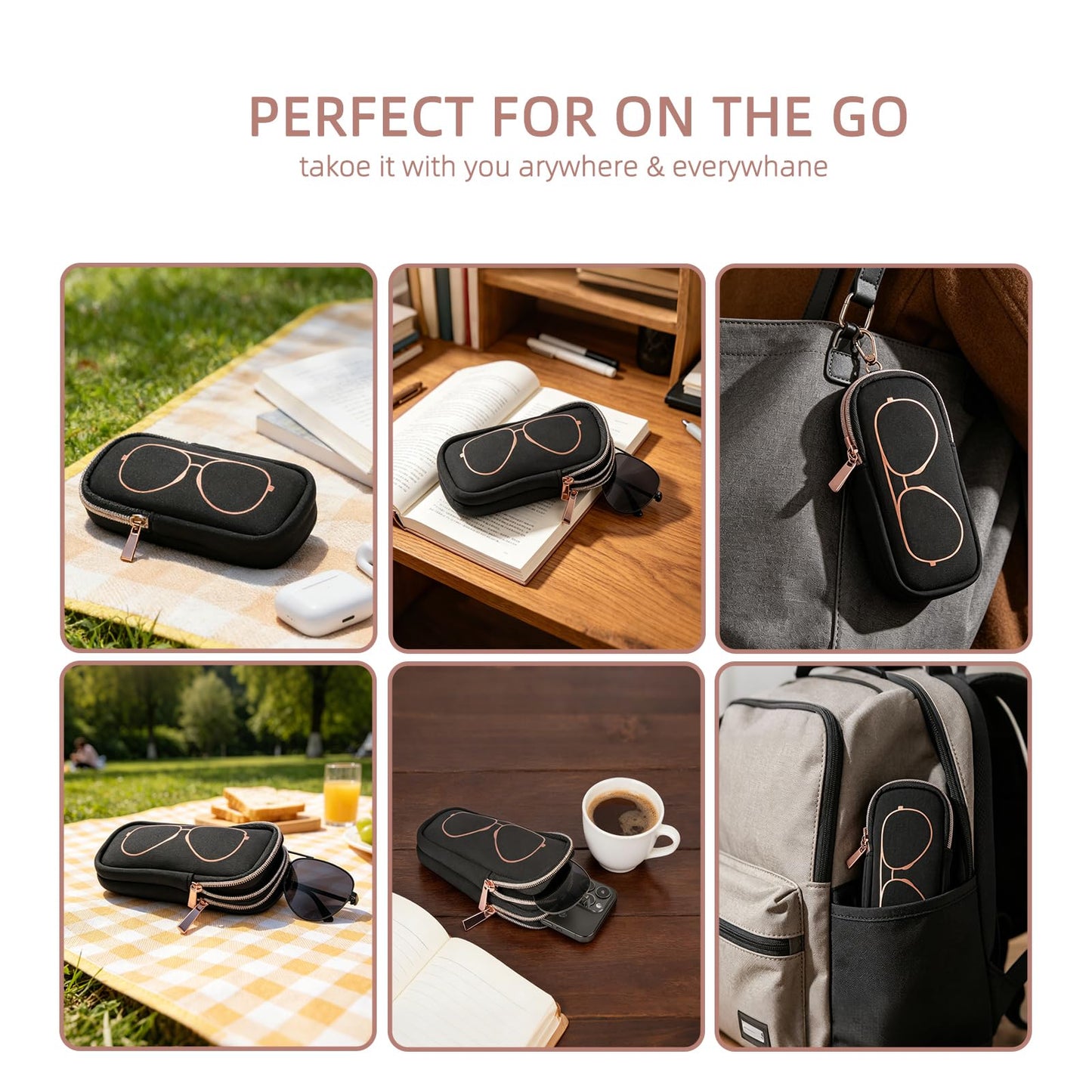 popolov Double Eyeglass Case Soft,Portable Dual Glasses Cases with 2 Compartments Zipper Closure for Men Women Travel